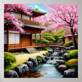 桜の花咲く伝統的な日本庭園 ポスター