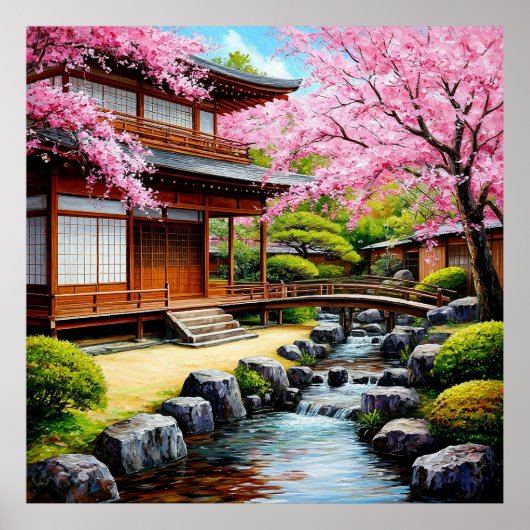 桜の花咲く伝統的な日本庭園 ポスター (正面)
