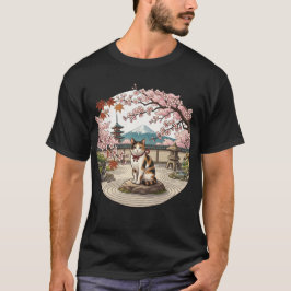 桜の花咲く禅庭の猫アート Tシャツ