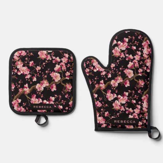 桜の花柄  鍋つかみ&鍋敷きセット (正面)