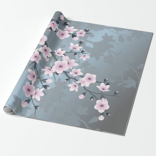 桜の花 くすみピンク ブルー ラッピングペーパー (アンロールド)