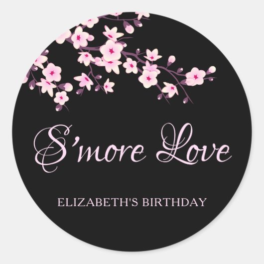 桜の花 ピンク ブラック Smore Love ラウンドシール (正面)