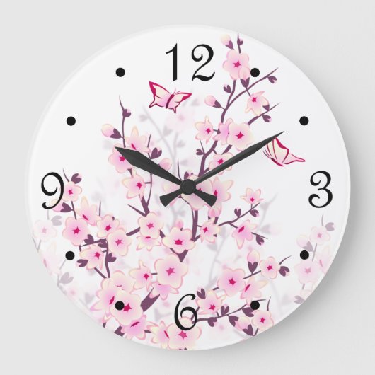 桜の花 ピンク 白い数字 ラージ壁時計 (正面)