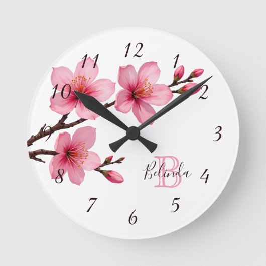 桜の花 ピンク 白 モノグラム 名前 ラウンド壁時計 (正面)