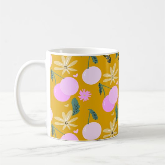 桜の花 フローラルグリーン柄 イエロー ピンク コーヒーマグカップ (左)