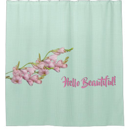 桜の花 ミントグリーンドット "Hello Beautiful!" シャワーカーテン