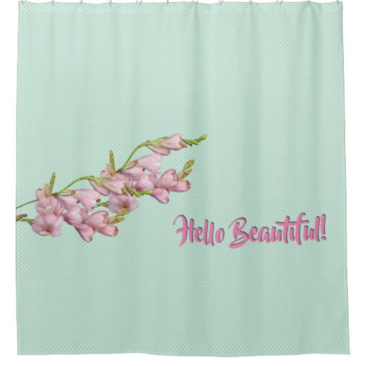 桜の花 ミントグリーンドット "Hello Beautiful!" シャワーカーテン (正面)