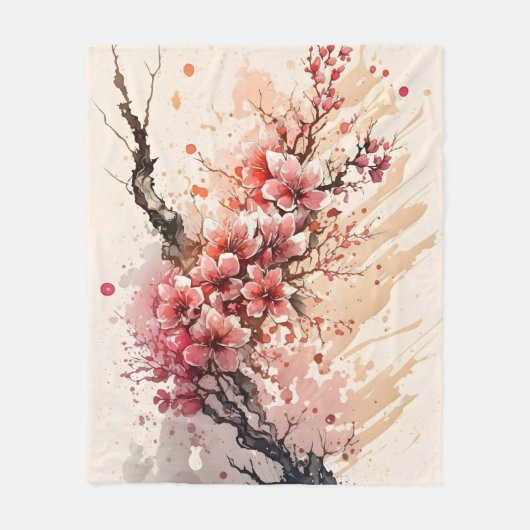 桜の花 水彩の花 ピンク 赤 フラワー フリースブランケット (正面)