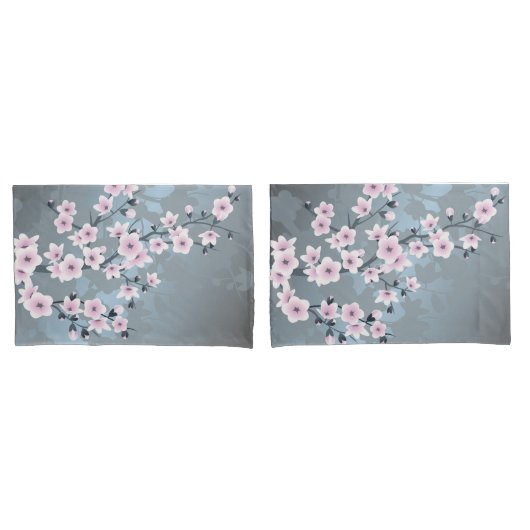 桜の花 淡いピンク スレートブルー 花 枕カバー (フロントセット)