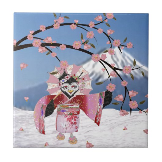 桜の芸者と雪の桜と鳥 タイル (正面)
