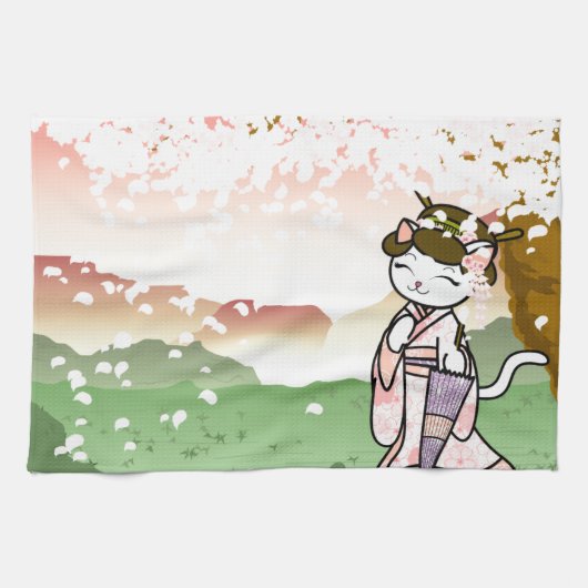 桜の芸者の子猫 キッチンタオル (横)