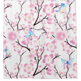 桜の蝶虹色のエレガントなピンク シャワーカーテン