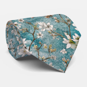桜の青い植物のパターン ネクタイ