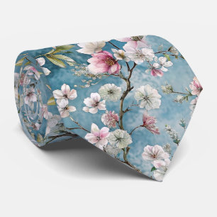 桜の青い植物のパターン ネクタイ