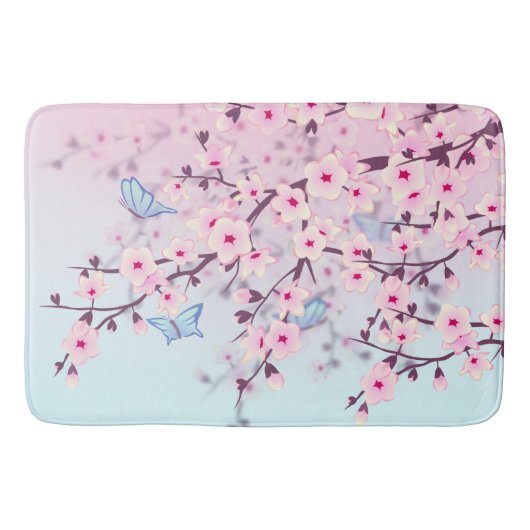 桜の風景 ピンクの空 水色 バスマット (正面)