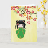 桜のKokeshiの人形、挨拶状 カード (黄色い花)
