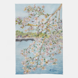 桜のWashington D.C.の絵画的な水彩画 キッチンタオル