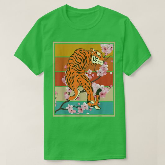 桜アニマルワイルドキャットレトロさくらんぼブロッサムアジア Tシャツ (デザイン正面)