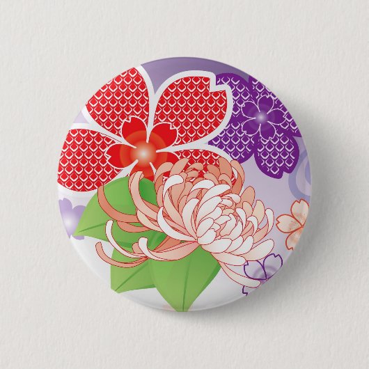 桜カラフルとダリア着物：: 缶バッジ (正面)