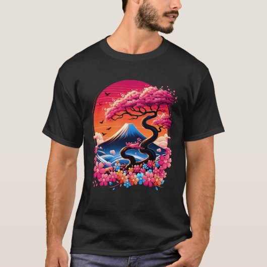 桜ガーデン日本の芸者山富士さくらんぼBl Tシャツ (正面)