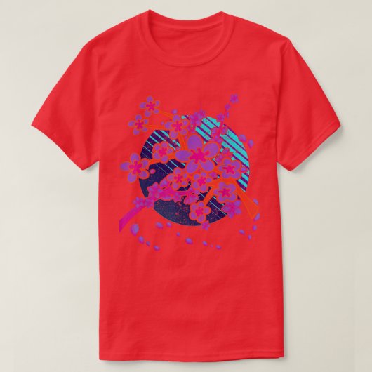 桜ピンクフラワージャパンVaporwave 90sアートさくらんぼ Tシャツ (デザイン正面)