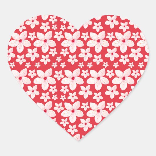 桜ピンク花継ぎ目なし模様赤い背景 ハートシール (正面)