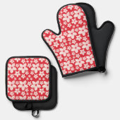桜ピンク花継ぎ目なし模様赤い背景 鍋つかみ&鍋敷きセット (正面/裏面)