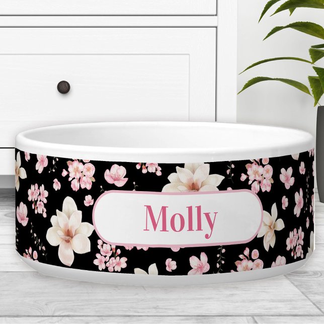 桜フローラルパターンブラックピンクネームペットドッグボウル ボウル (Sakura Floral Pattern Black Pink Name Pet Dog Bowl)