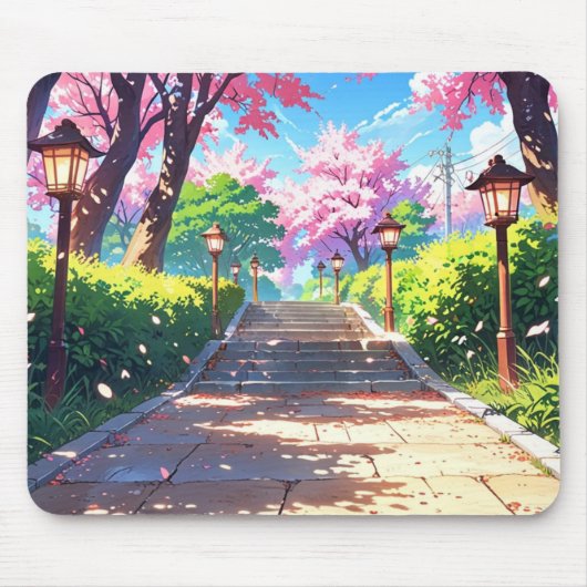 桜並木の道 パステル風景 アニメ マウスパッド (正面)