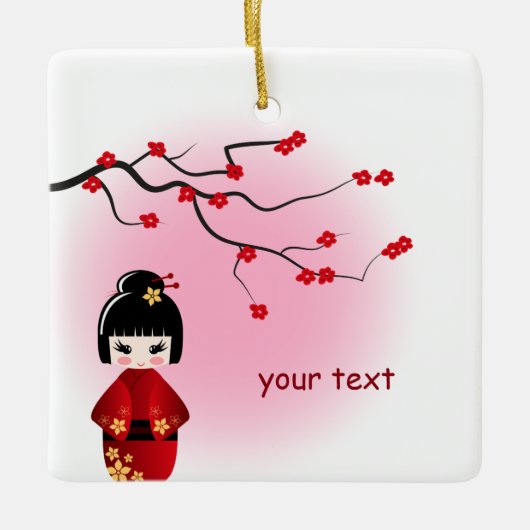 桜女の子の日本のなkokeshiの人形は活気付きます セラミックオーナメント (正面)