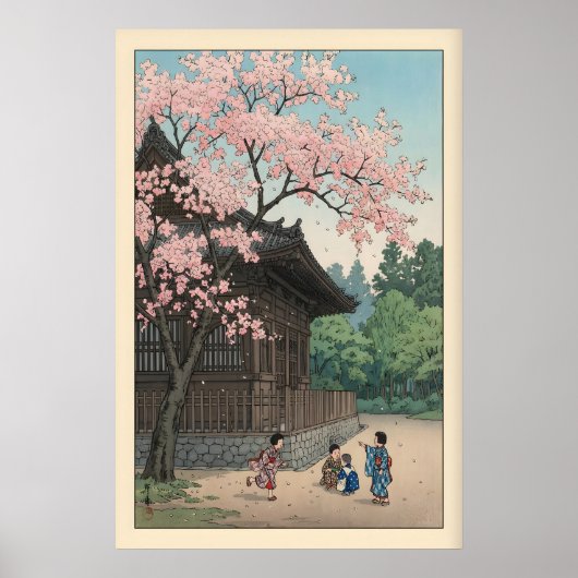 桜寺院プリント 春の寺院シーンと子供たち ポスター (正面)