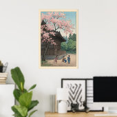 桜寺院プリント 春の寺院シーンと子供たち ポスター (ホームオフィス)