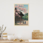 桜寺院プリント 春の寺院シーンと子供たち ポスター (キッチン)