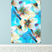 桜日本のさくらんぼツリーフラワーズインアクアブルー キャンバスプリント (インサイチュ (ウッドフロア))