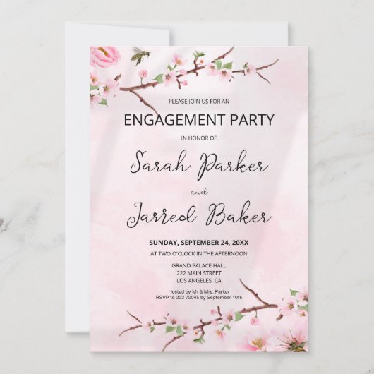 桜日本のさくらんぼブロッサムアジア婚約 招待状 (正面)