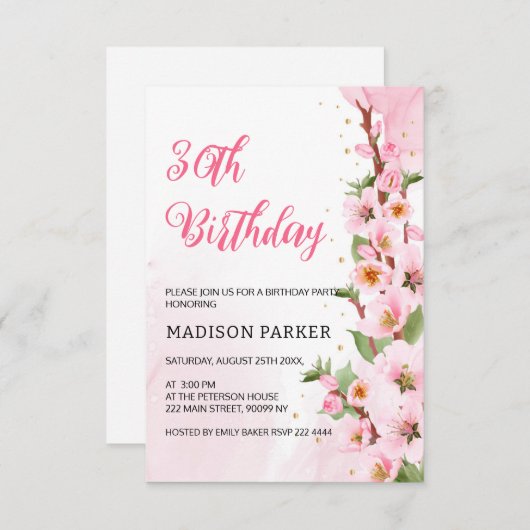 桜日本のさくらんぼブロッサムアジア誕生日 招待状 (正面/裏面)