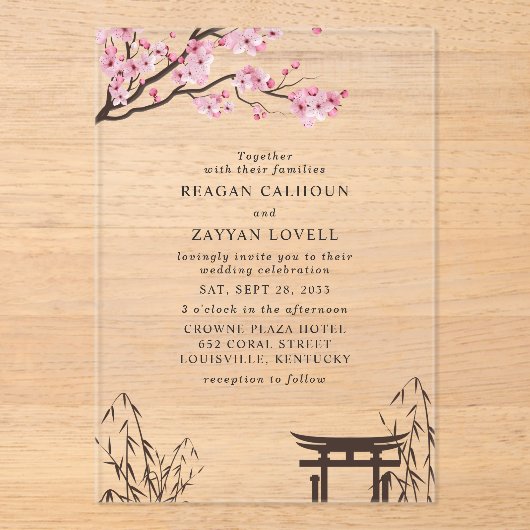 桜日本のさくらんぼブロッサム結婚アジア アクリル招待状 (正面)