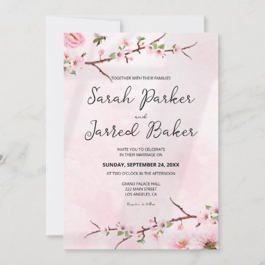 桜日本のさくらんぼブロッサム結婚アジア 招待状 (正面)