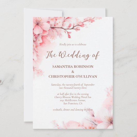 桜日本のさくらんぼブロッサム結婚フローラ 招待状 (正面)