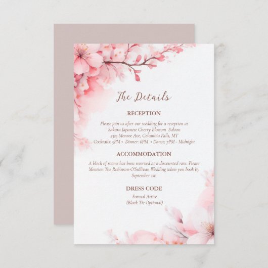 桜日本のさくらんぼブロッサム結婚詳細 エンクロージャーカード (正面/裏面)