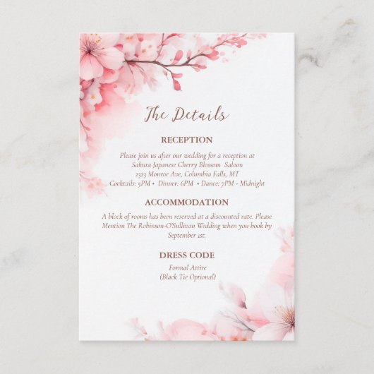 桜日本のさくらんぼブロッサム結婚詳細 エンクロージャーカード (正面)