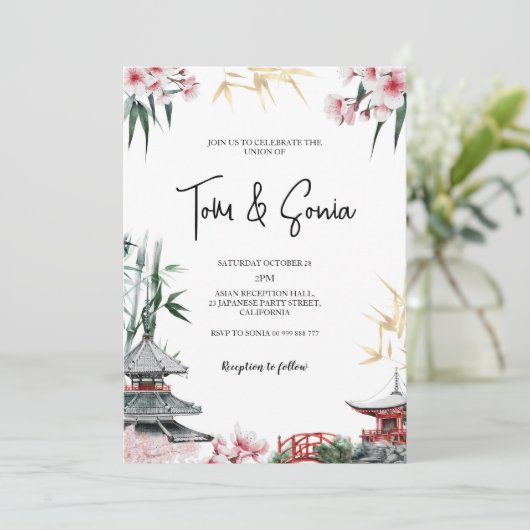 桜日本のさくらんぼブロッサム・アジア結婚ズ 招待状 (スタンド正面)