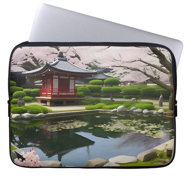 桜日本のさくらんぼ花咲き園神社池 ラップトップスリーブ (正面)