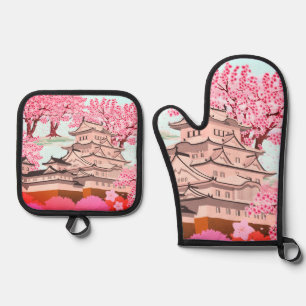 桜日本のキャッスルアート – さくらんぼブロッサム春 鍋つかみ&鍋敷きセット