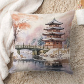 桜日本のツリーパゴダとブリッジピンクグレー クッション (ブランケット)