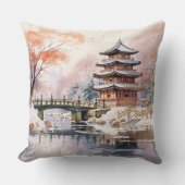 桜日本のツリーパゴダとブリッジピンクグレー クッション (正面)