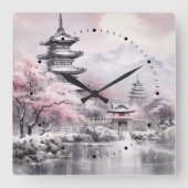 桜日本のツリーパゴダとブリッジピンクグレー スクエア壁時計 (正面)