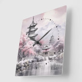 桜日本のツリーパゴダとブリッジピンクグレー スクエア壁時計 (傾斜)