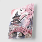 桜日本のツリーパゴダとブリッジピンクグレー スクエア壁時計 (傾斜)