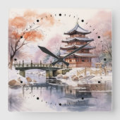 桜日本のツリーパゴダとブリッジピンクグレー スクエア壁時計 (正面)